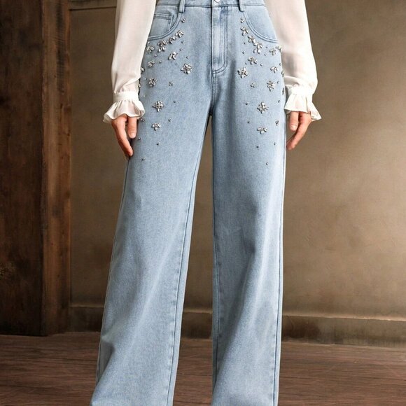 Light Wash Casual Women's Hand-Stitched Rhinestone Jeans - Picture 3 of 8